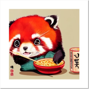 Kawaii Red Panda Eating Ramen Posters and Art